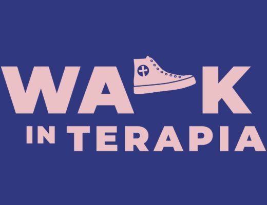 Walk in terapian logo, jossa sanan Walk L-kirjain on tennari. Walk in on seurakuntien palvelu, jossa nuori voi tavata terapeutin ilman ajanvarausta.