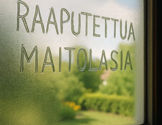Kuvassa ikkuna, jossa on maitolasia ja siinä raaputettuna teksti "raaputettua maitolasia".