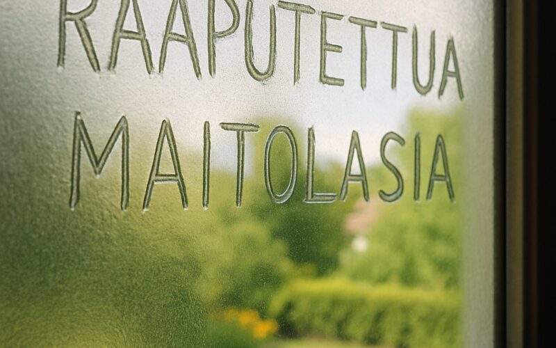 Kuvassa ikkuna, jossa on maitolasia ja siinä raaputettuna teksti "raaputettua maitolasia".